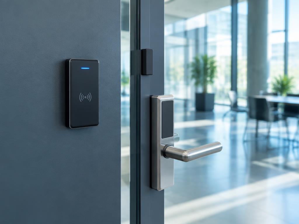 Access control reader beside a glass office door