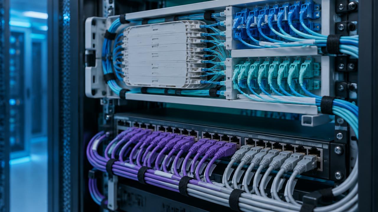 Fibre optic ODF with LC patch leads and a cat6 patch panel in a data cabinet
