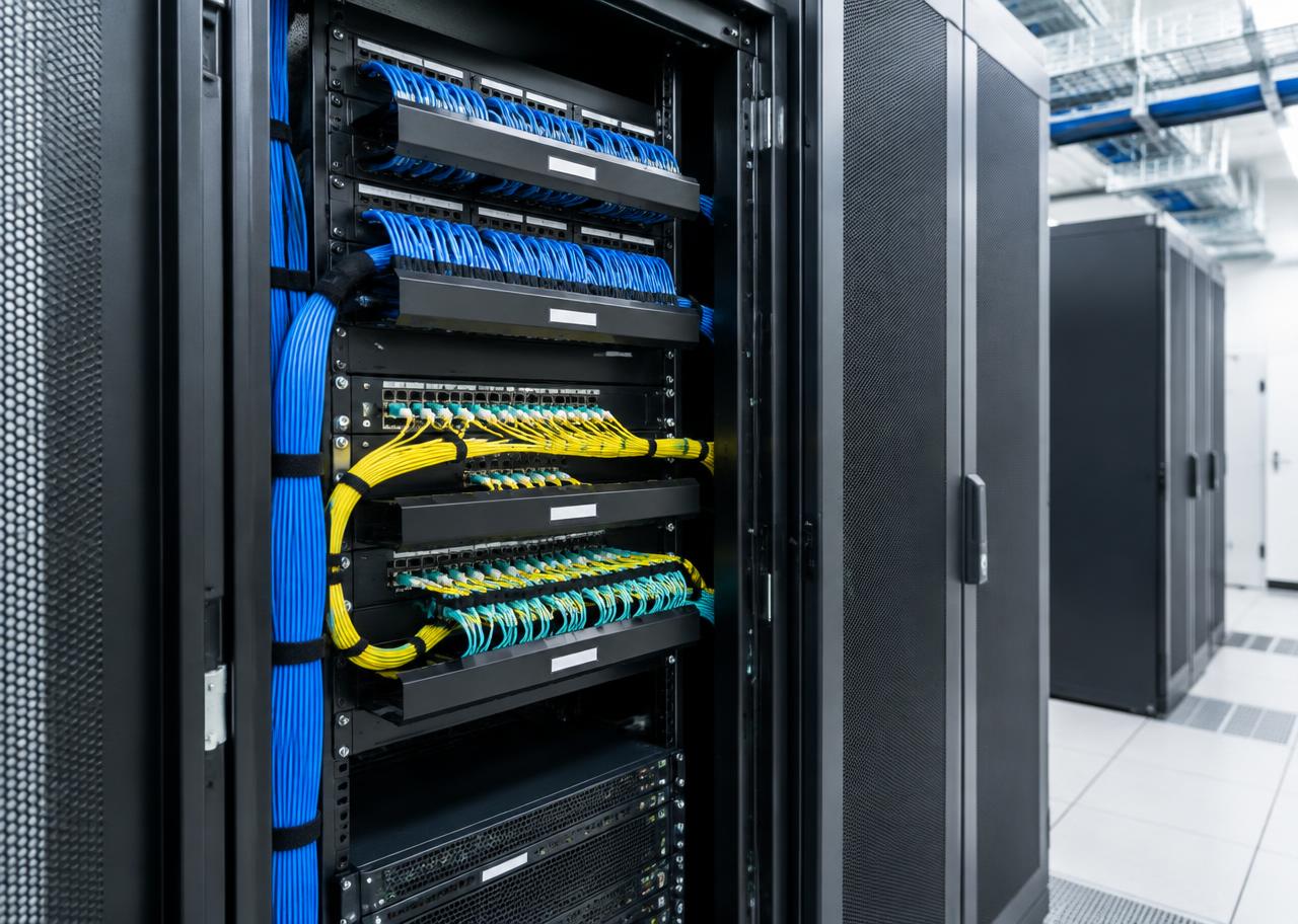 Data centre cabinet with neatly routed structured cabling and fibre