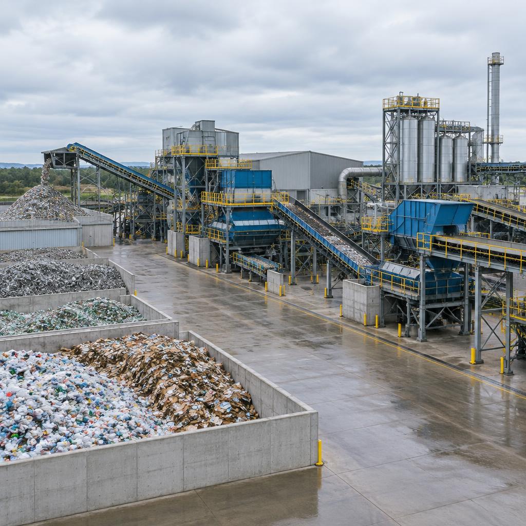 Industrial recycling plant with processing infrastructure